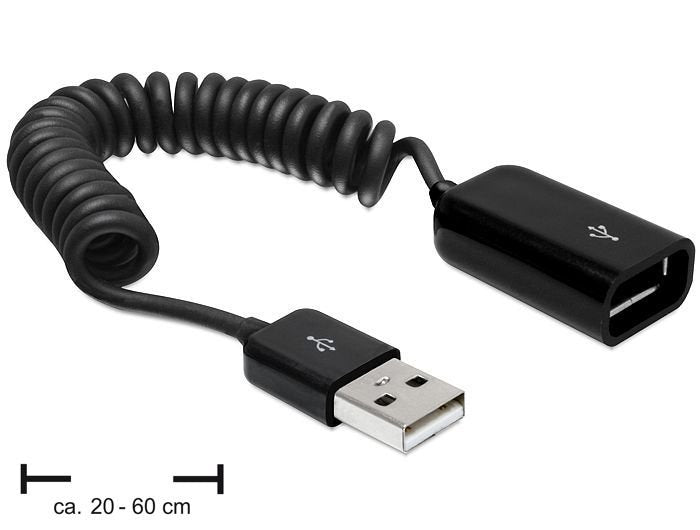 Delock USB Cable 2.0-A Male / Female Spiral 0.20M-0.60M Black