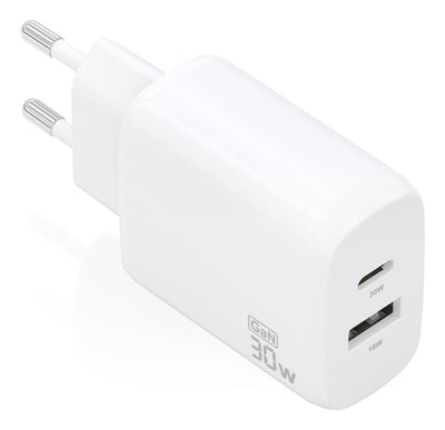 Aisens Charger GaN 30W, 1x USB-C PD 3.0 QC4.0, 1x USB-A QC3.0, White — image 1