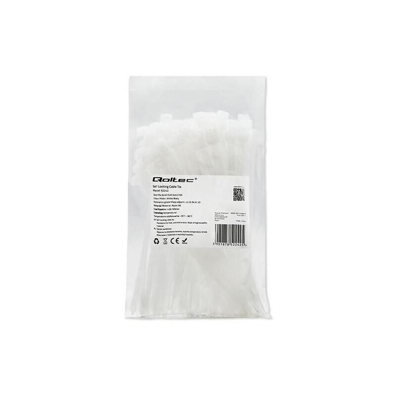 Qoltec 100 Cable Ties 52242 Self-locking 4.8X160MM Nylon Uv White