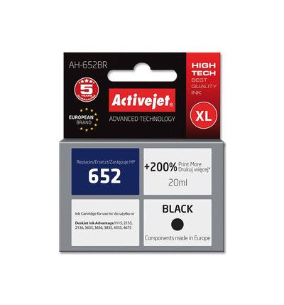 Activejet Ink Ah-652BR (reemplazo HP 652 F6V25AE - Premium - 20ML - Black — image 1