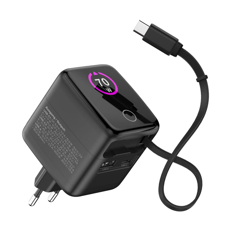 Inline USB Power Supply - 70W - GaN - USB-C Pd + USB-A Qc - Cable 60CM - Black