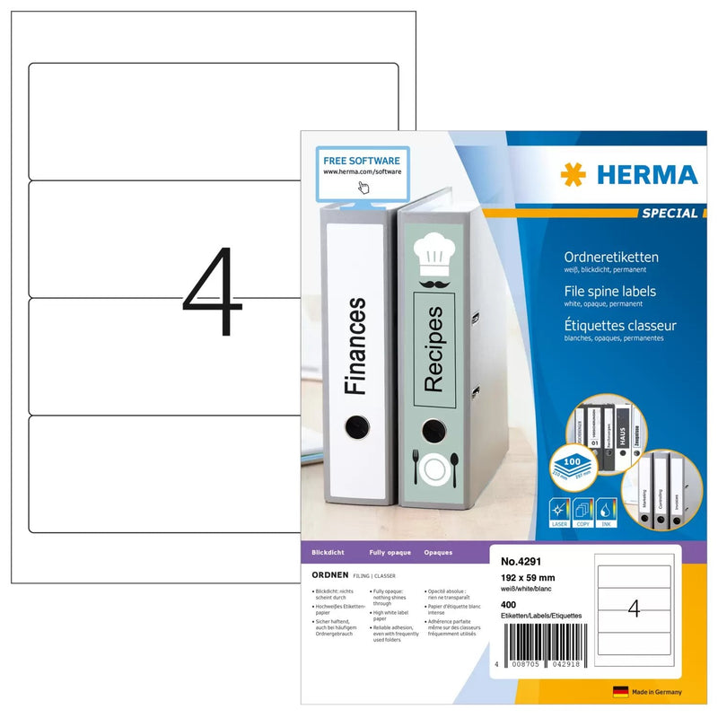 Herma Folder Labels A4 White 192X59 Mm Paper Opaco 400 Units