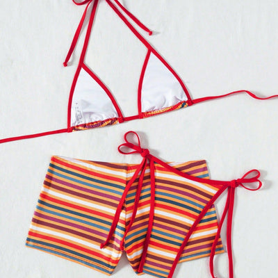 Hollow-out Striped Print Sexy High-waisted Bikini Set