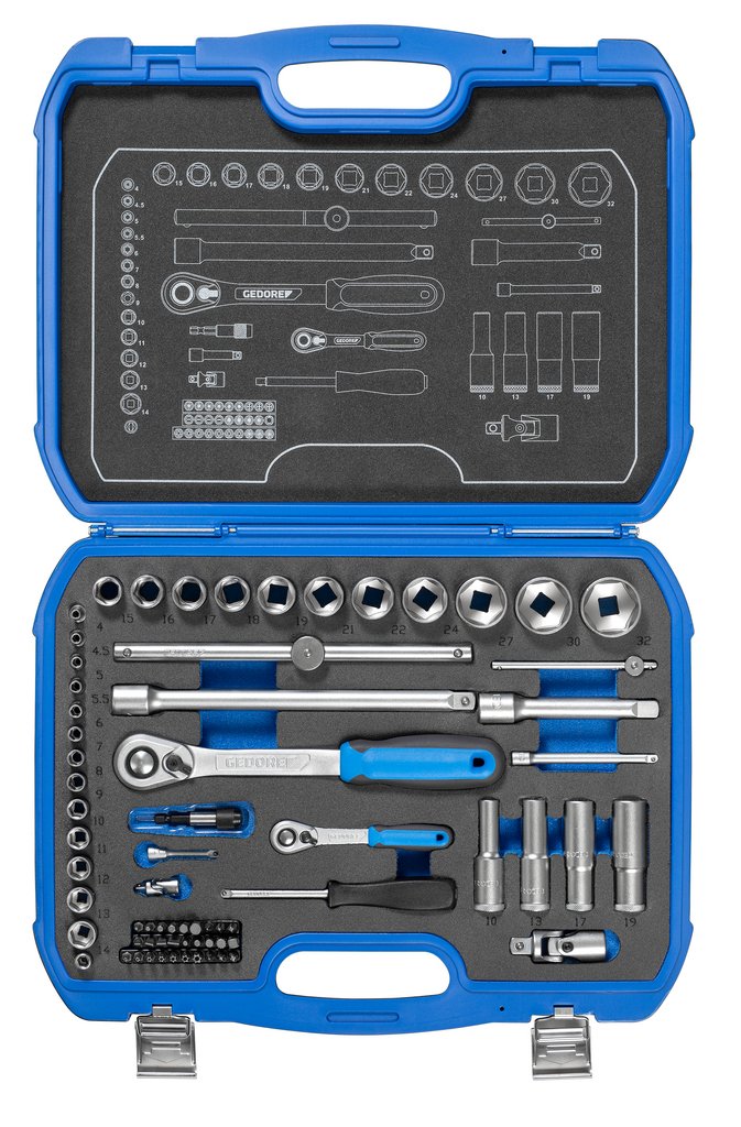 Gedore Set Of Keys Glass 19 Bmc 20, 1/4 + 1/2, Set Of Tools Black/Blue 69 Pieces With 2 Carracas Reversibles