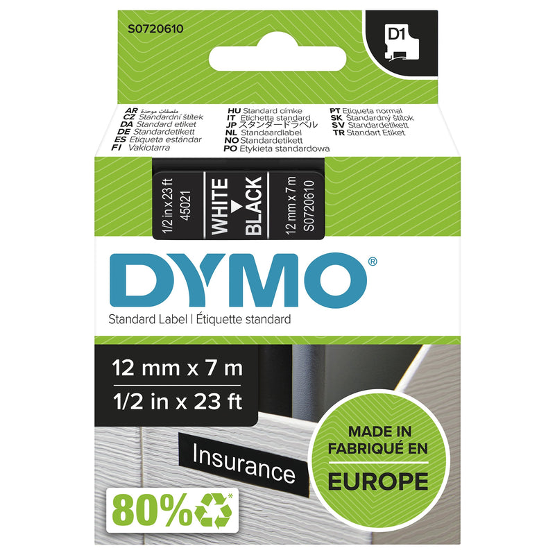 Dymo Tape Rotuladora Self-adhesive D1 12MM X 7 Metres Length Rotuladoras Label Manager, White Sobre Black
