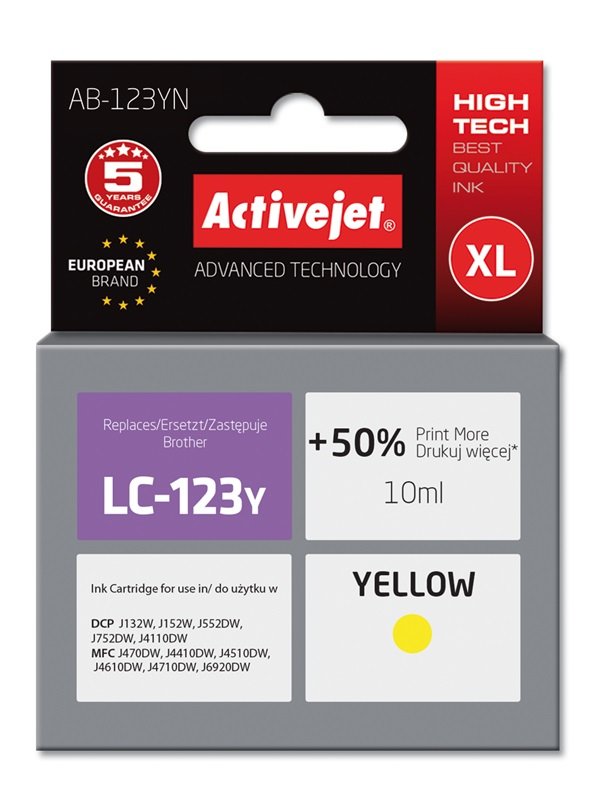 Activejet Ink AB-123YN (reemplazo Brother LC123Y / 121Y - Supreme - 10ML - Yellow