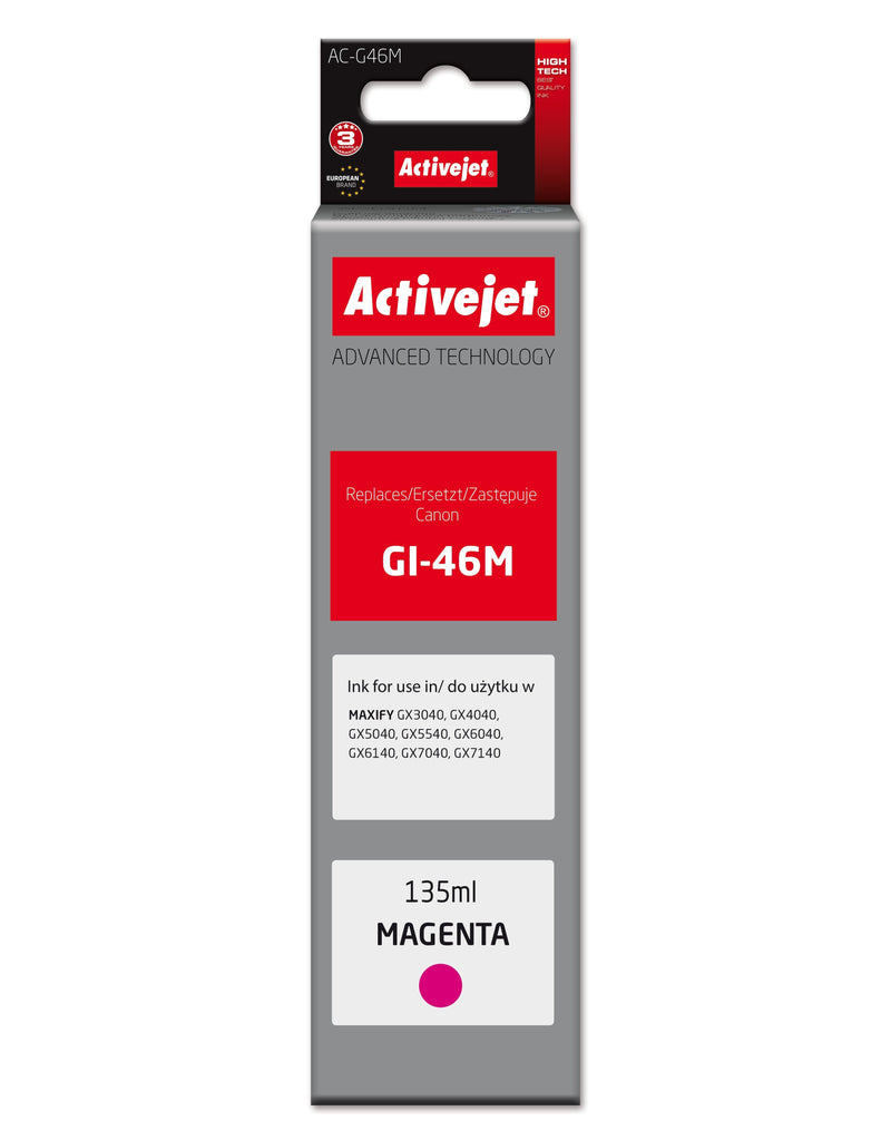Activejet AC-G46M: Ink Cartridge Printer Canon, Equivalente Canon GI-46M, Supreme, 135ML, Púrpura