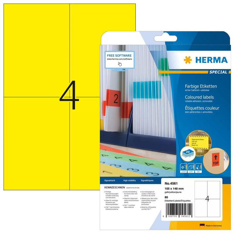 Herma Labels A4 Yellow 105X148MM Paper Matte Removible 80 Pieces