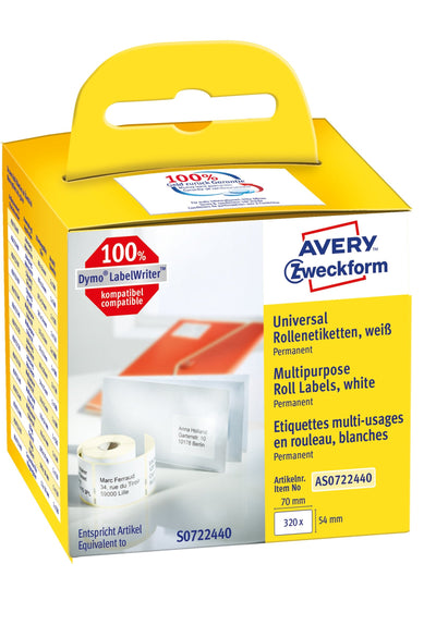 Avery Zweckform Roll Labels Printer Labels AS0722440 White 70,0 X 54,0MM, 1 X 320 Labels — image 1