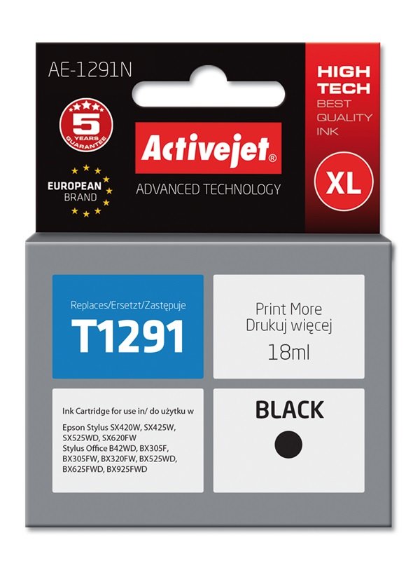 Activejet Ink AE-1291N (reemplazo Epson T1291 - Supreme - 18ML - Black
