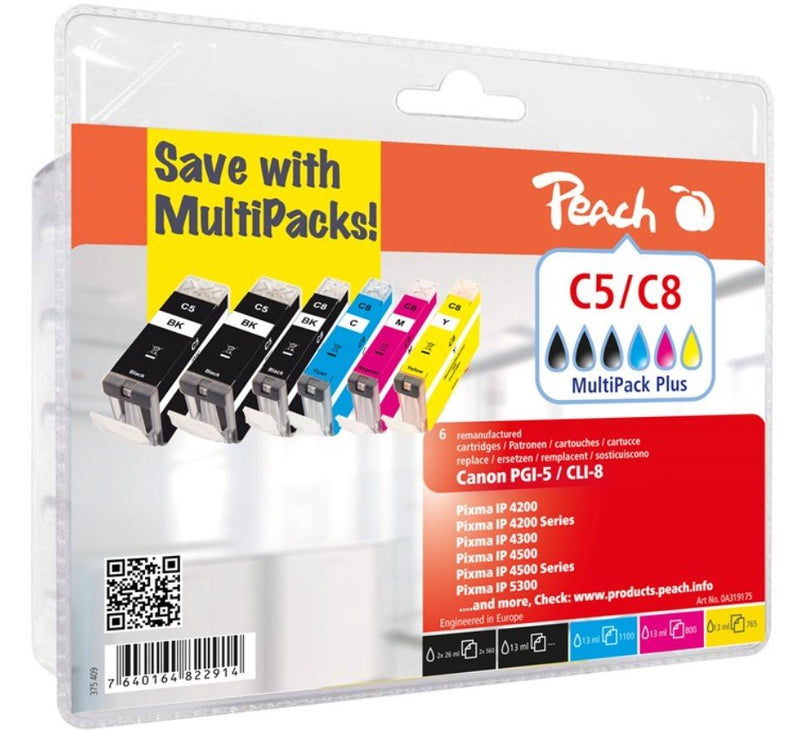 Peach Ink Canon PG-5XL CLI-8 Multipack Plus 2XBK, C, M, And Remanufactured