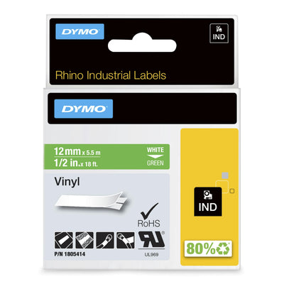 Dymo Rhino Tape Labels Industrial Adhesiva ID1-12, White Sobre Green 12MMX5'5M, Vinilo — image 1