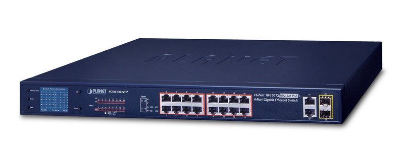 Planet 16-PORT 10/100TX 802.3AT PoE + 2-PORT Gigabit Tp/Sfp