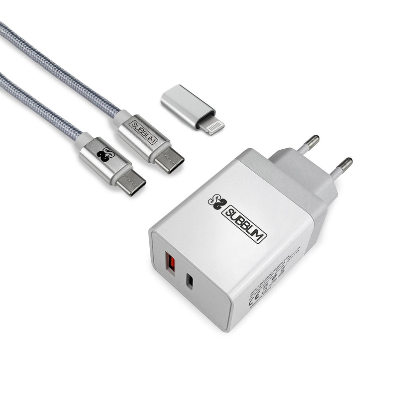 Subblim Charger Ultra Fast 2x USB Wall PD25W + QC3.0 + Cable C To C And Lightning White