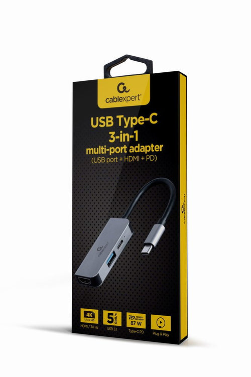 Gembird A-CM-COMBO3-02 Multi Port Adapter USB Type-c 3IN1 USB Port + HDMI + Pd Silver — image 1