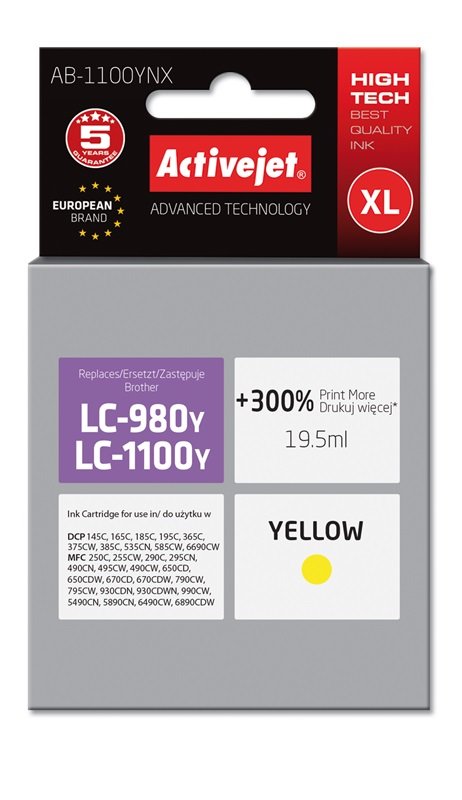 Activejet Ink AB-1100YNX (reemplazo Brother LC1100Y / 980Y - Supreme - 19 5ML - Yellow
