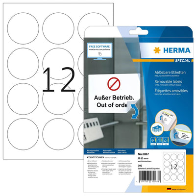 Herma Removable Round Labels 60 25 Sheets Din A4 300 Pcs. 5067 Labels — image 1
