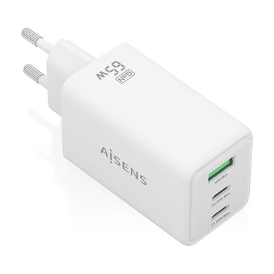 Aisens Charger GaN 65W, 2x USB-C PD 3.0 QC4.0, 1x USB-A QC3.0, White — image 1