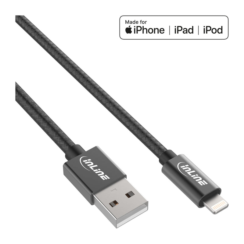 Inline USB Cable Lightning Ipad Iphone Ipod Black 2M Certificado Mfi