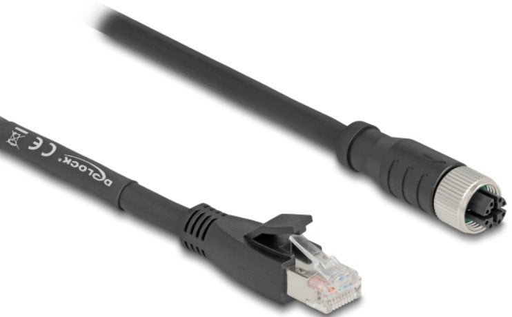 Delock M12 Cable X-kodiert 8 Pin Connector Female a RJ45 Connector Male CAT.5E S FTP Flexible 3M Black