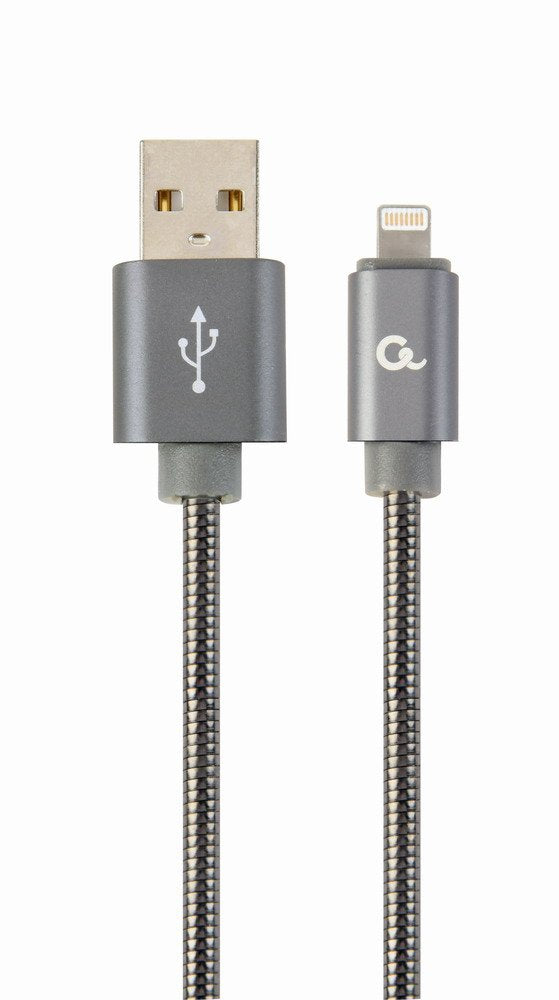 Gembird CC-USB2S-AMLM-2M-BG Premium Cable Charging And Datos Metal Espiral 8 Pines, 2M, Grey Metallic