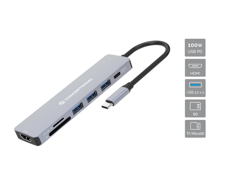 Conceptronic Adapter USB-C 7IN1 HDMI USB-A 3.0X3 USB-C Pd 100W Reader SD/microSD DONN19G