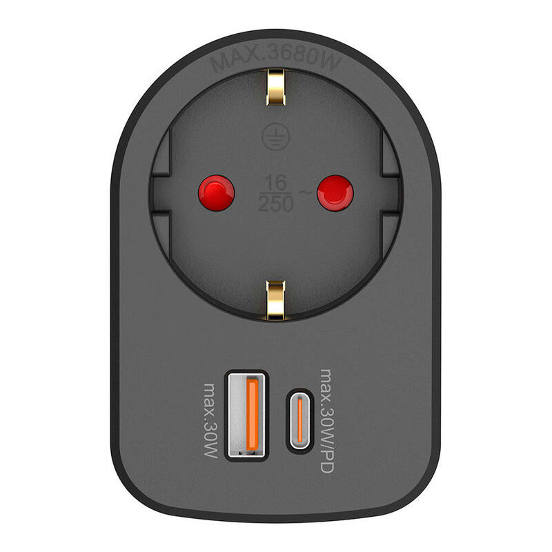 Adapter Combi 30W USB a + C + 1 Socket Schuko, 16A 250V~, Black