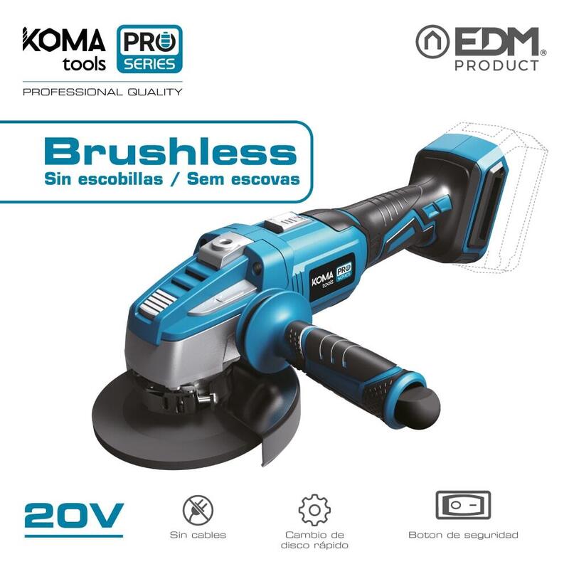 Koma Tools Angle Grinder 20V Brushless ( Without Battery Ni Charger Ø125MM 37,5X12CM Pro Series Battery