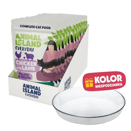 Animal Island Pack With Platito Glass Alimento Húmedo Complete Gatos Filetes Pollo With Cordero Caldo Arándano — image 1