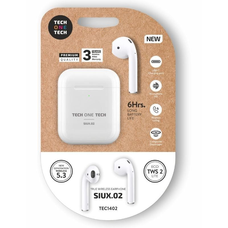 Tech One Tech Headphones Bluetooth SIUX.2 TEC1402 With Case Charging Battery Life 6H White