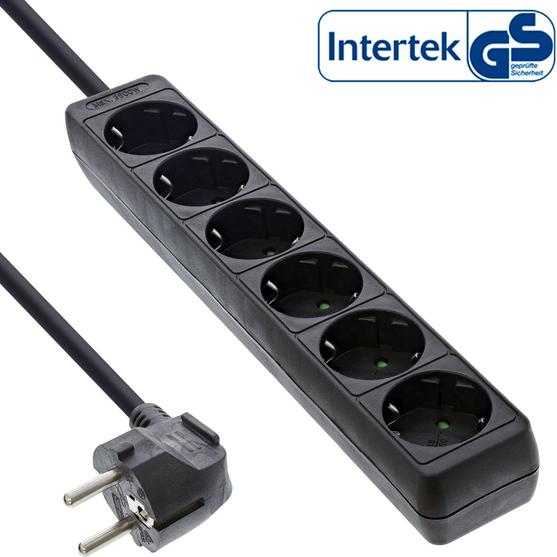 Inline Power Strip 6 Sockets 6X Type F 1.5M Cable Black