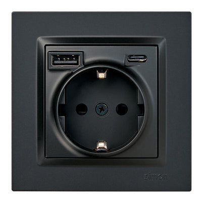 Base Plug Schuko + USB a + C 10,5W 16A 250V~, Simon 10, Black — image 1