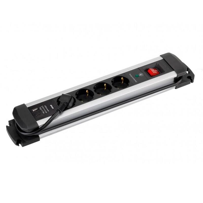 Base Múltiple, 4 Sockets Schuko 2P + T, 2 USB a + C, 16A 250V~,1,5M Cable C/Switch And Prot.sobretensiones, Al