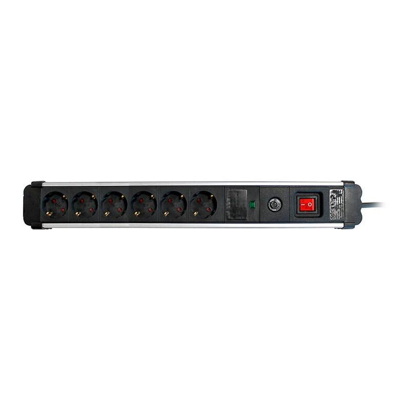 Base Múltiple, 6 Sockets Schuko 2P + T, 16A 250V~, 1,5M Cable C/Switch And Prot. Sobretensiones, Aluminium