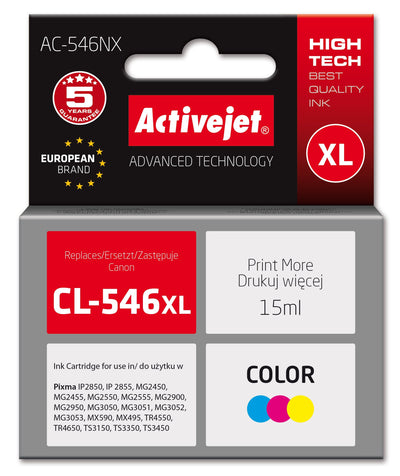 Activejet Ink Printer AC-546NX Canon, Spare Part Canon CL-546XL Supreme 15ML Colour Cyan Magenta Yellow — image 1