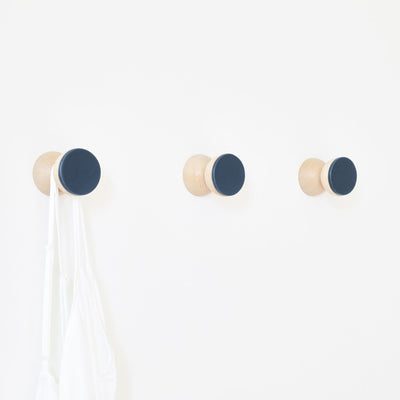 Beech Wood & Ceramic Wall Hook / Knob - Dark Blue