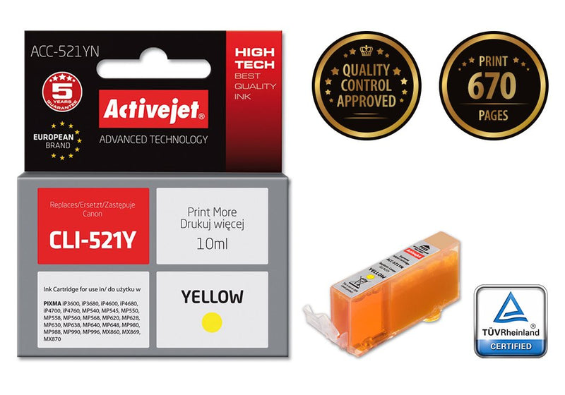 Activejet Ink ACC-521YN (reemplazo Canon CLI-521Y - Supreme - 10ML - Yellow