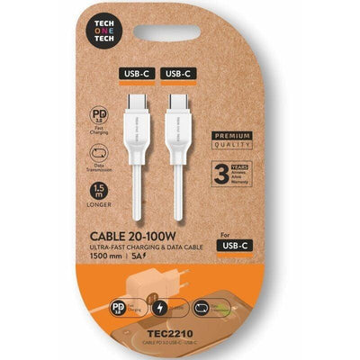 Tech One Tech USB Cable 2.0 Type-c TEC2210 USB Type-c Male USB Type-c Male Up To 100W 480Mbps 1.5M White — image 1