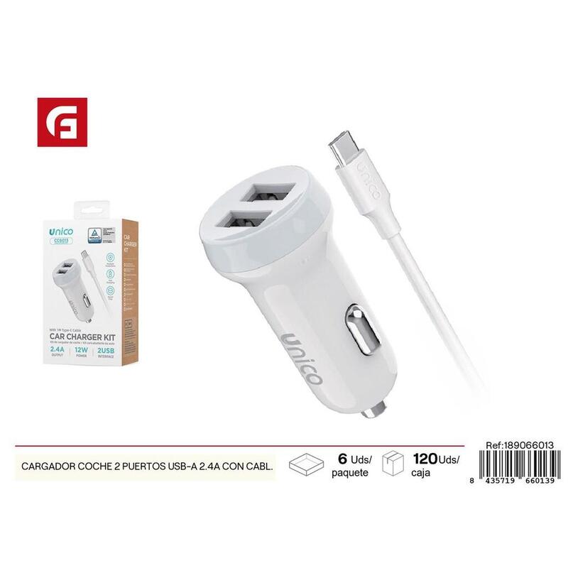 Charger Car 2 Ports USB-A 2.4A With USB Cable -a a Type-c - Accesorios Automóvil