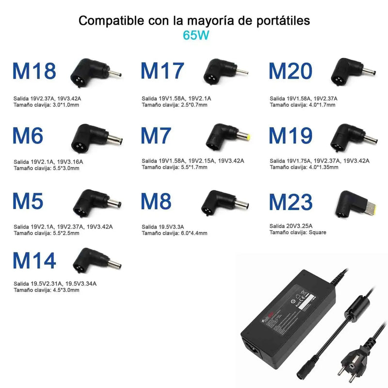 Charger Universal Laptops 9.5-20V 65W 10 Tips