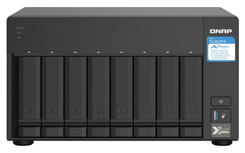 QNAP TS-832PX-4G 8-BAY NAS Server AL324 1.7GHZ Quad Core 4GB DDR4 SODIMM Max. 16GB 2X10GBE Sfp + LAN + 2X2.5GB
