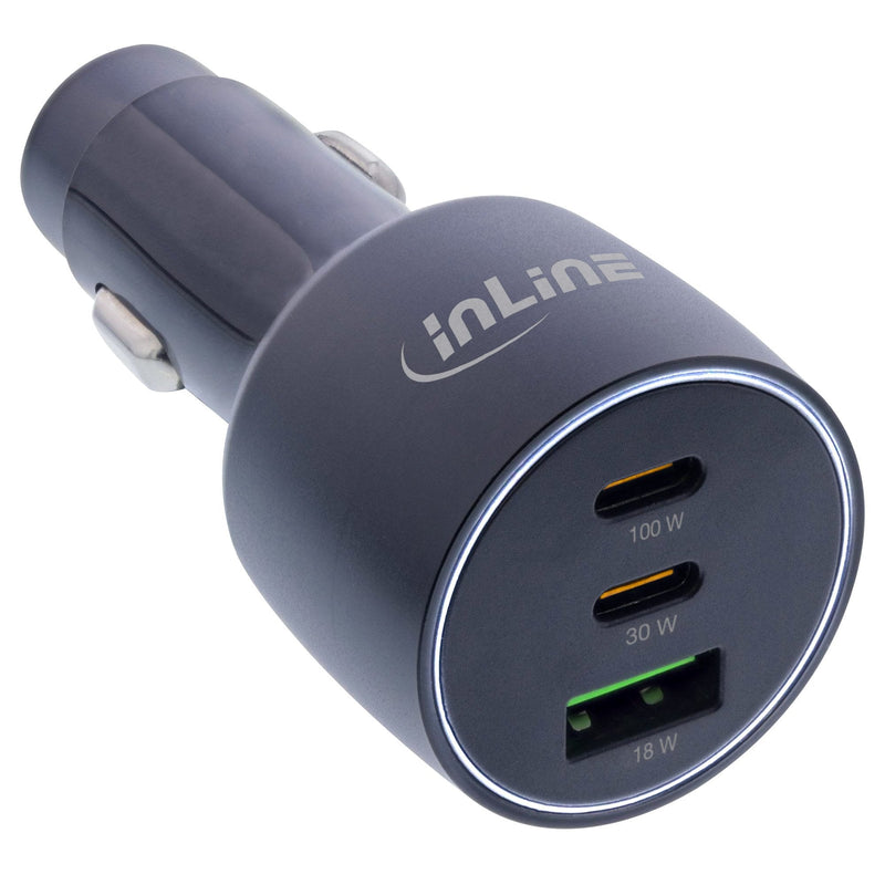 Inline USB Car Power Adapter Power Delivery, 2x USB-C + Qc Usb-a, Black
