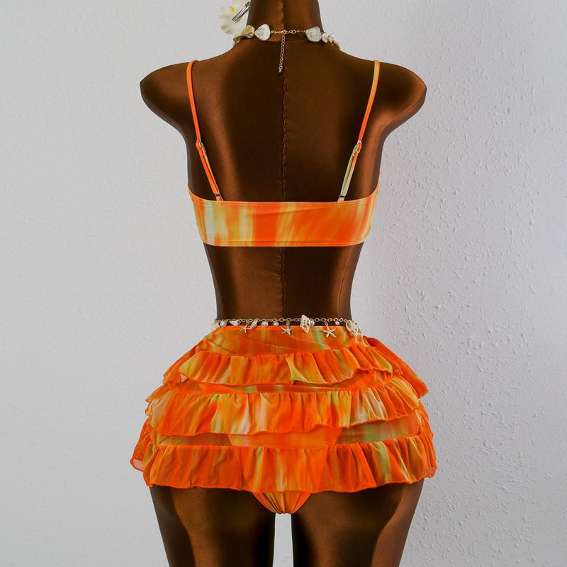 Womens Solid-Color Bikini Set With Straps 3 Pieces