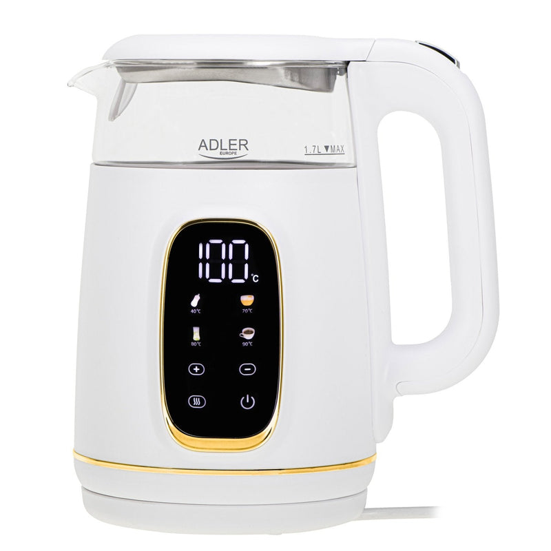 Adler Ad 1305 Electric Kettle, Glass Con LED Pantalla & Temperature Regulation, 1.7L, Blanco Oro