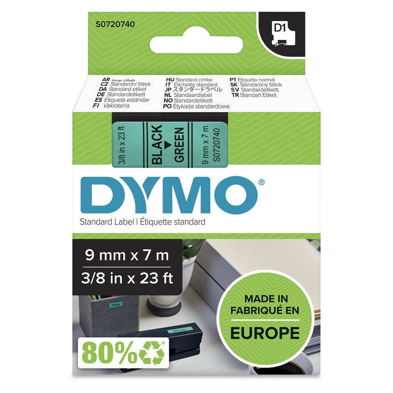 Dymo Tape Transferencia Thermal D1 40919. Black Sobre Green 9MMX7M. Poliester Self-adhesive