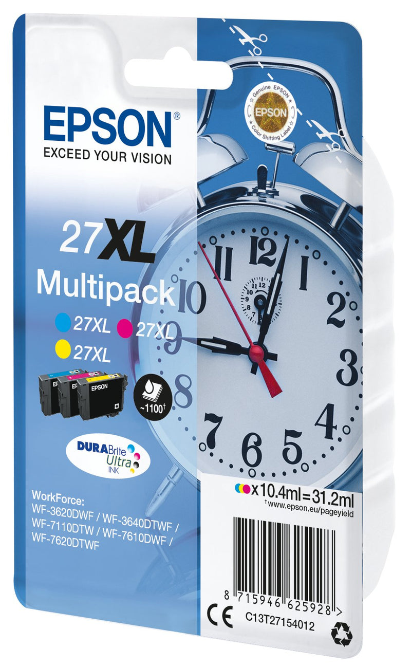 Epson 27XL Multipack Paquete 3 31.2ML XL Yellow Cyan Magenta Genuine Blíster With Alarm RF Ink Cartridge Work