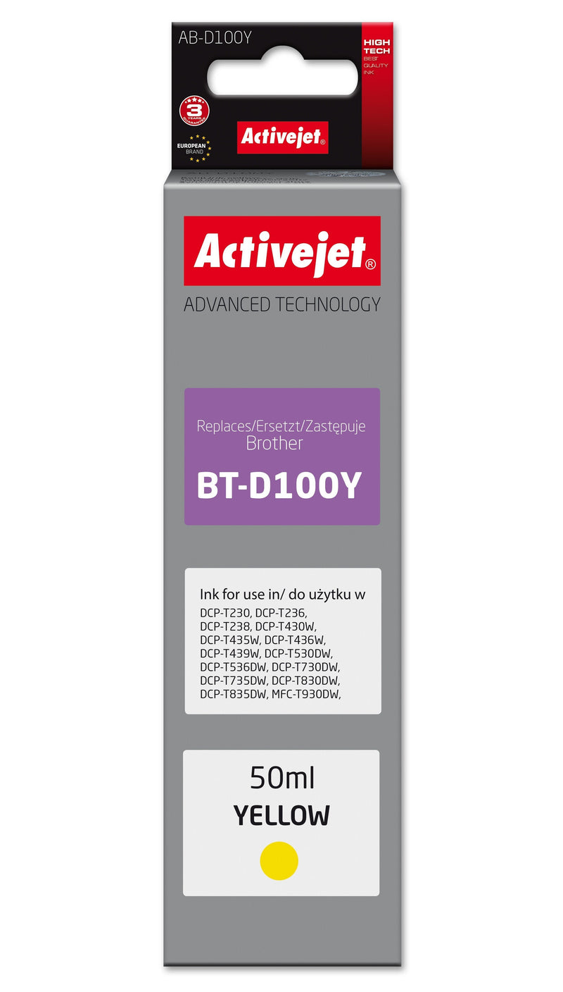 Activejet AB-D100Y Ink Cartridge Printer Brother, Replacement Brother BT-D100Y, Supreme, 50ML, Yellow