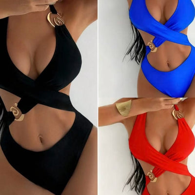 Womens Lace-Up Hollowed High-Waist One-Piece Swimsuit Bikini