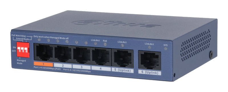 Dahua CS4006-4ET2GT-60 Switch PoE 4 Ports 10/100 + 2RJ45 Uplink Gigabit 60W Gestionable Cloud LAYER2