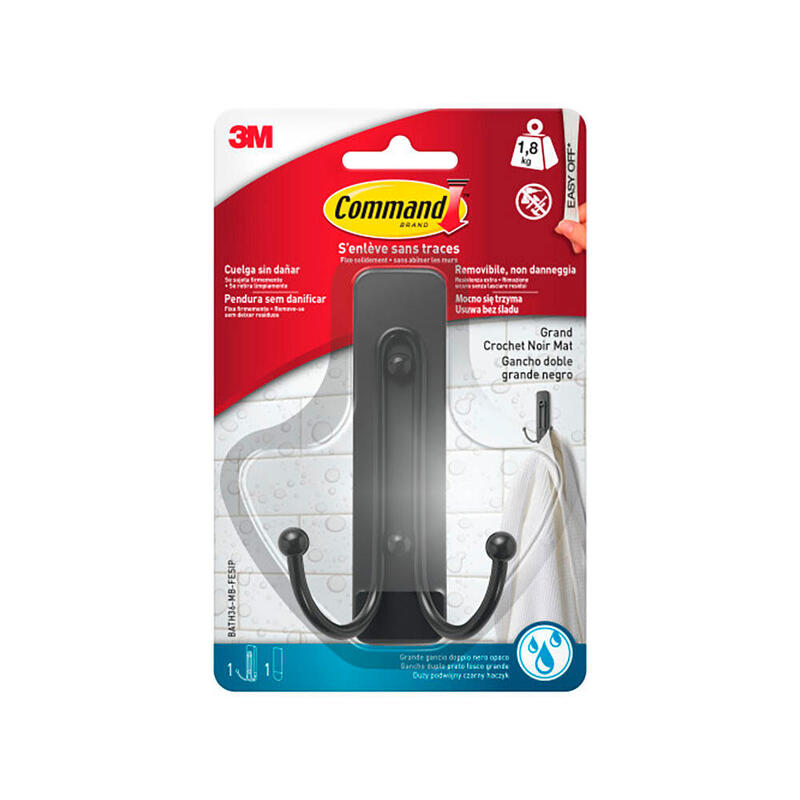 Gancho Double Large Negro Mate 1 Ud + 2 Tiras, Max. 1,8KG
